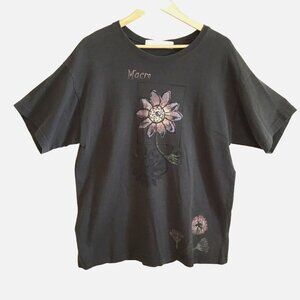 BLUE FISH 1998 Macro Flower Tee Gray Organic Cotton Shirt Women Lagenlook M USA